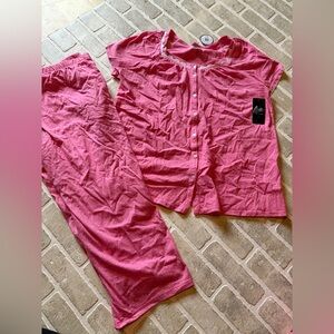 Aria Collection Pink and White Polka Dot Nightwear. Button Top With Capris.